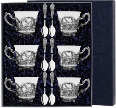 Серебряный чайный набор «Королевская Охота» с чернением в подарочном футляре